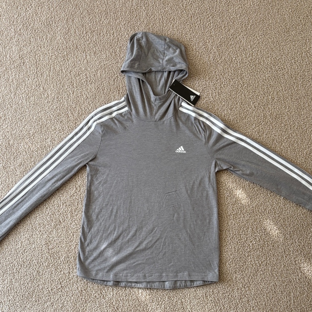 adidas Gray Hooded Long Sleeve Pullover with White Three Stripes